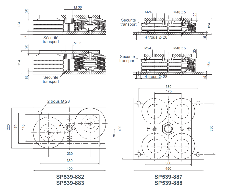 Schéma dimensions supports SE129 SP539 Hutchinson Paulstra
